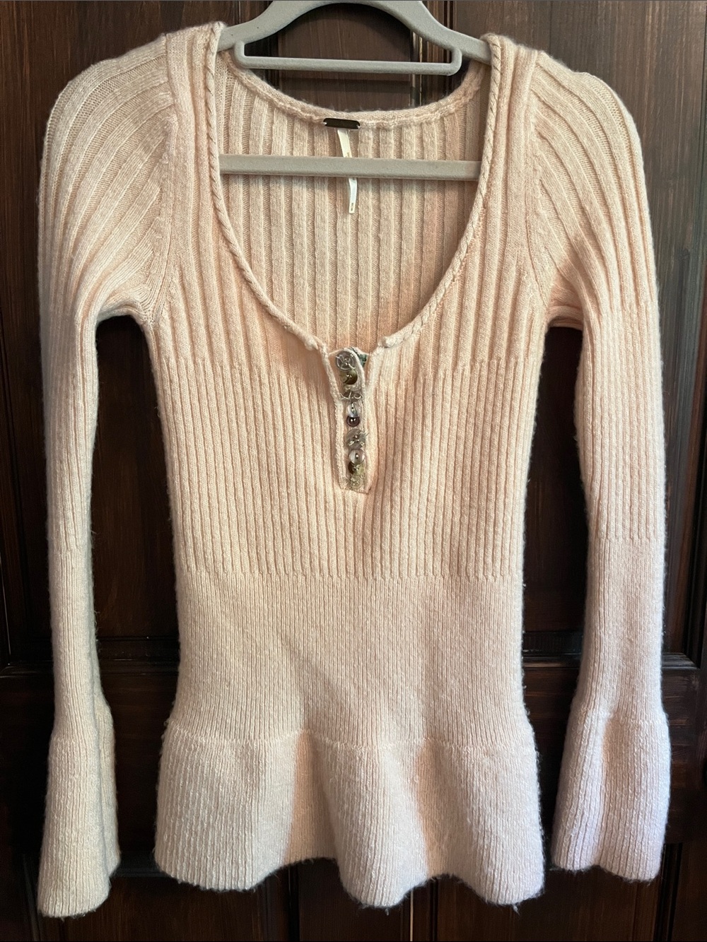 Free People Wool Blend Light Pink Ribbed V-Neck Sweater with Button Accent